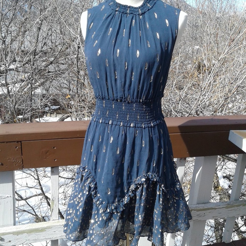 REBECCA TAYLOR Silk Smocked Waist Sleeveless Navy & Bling Gold design Dress